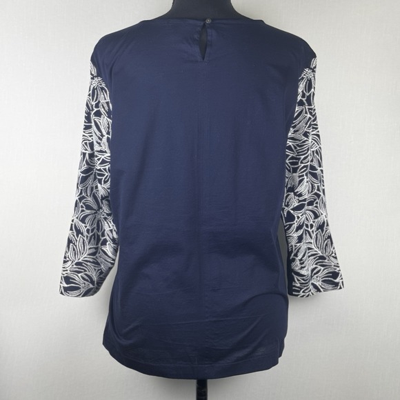 J.Crew Navy Blue Embroidered Wildflower Blouse Cotton Top Women's Size L - Picture 2 of 7